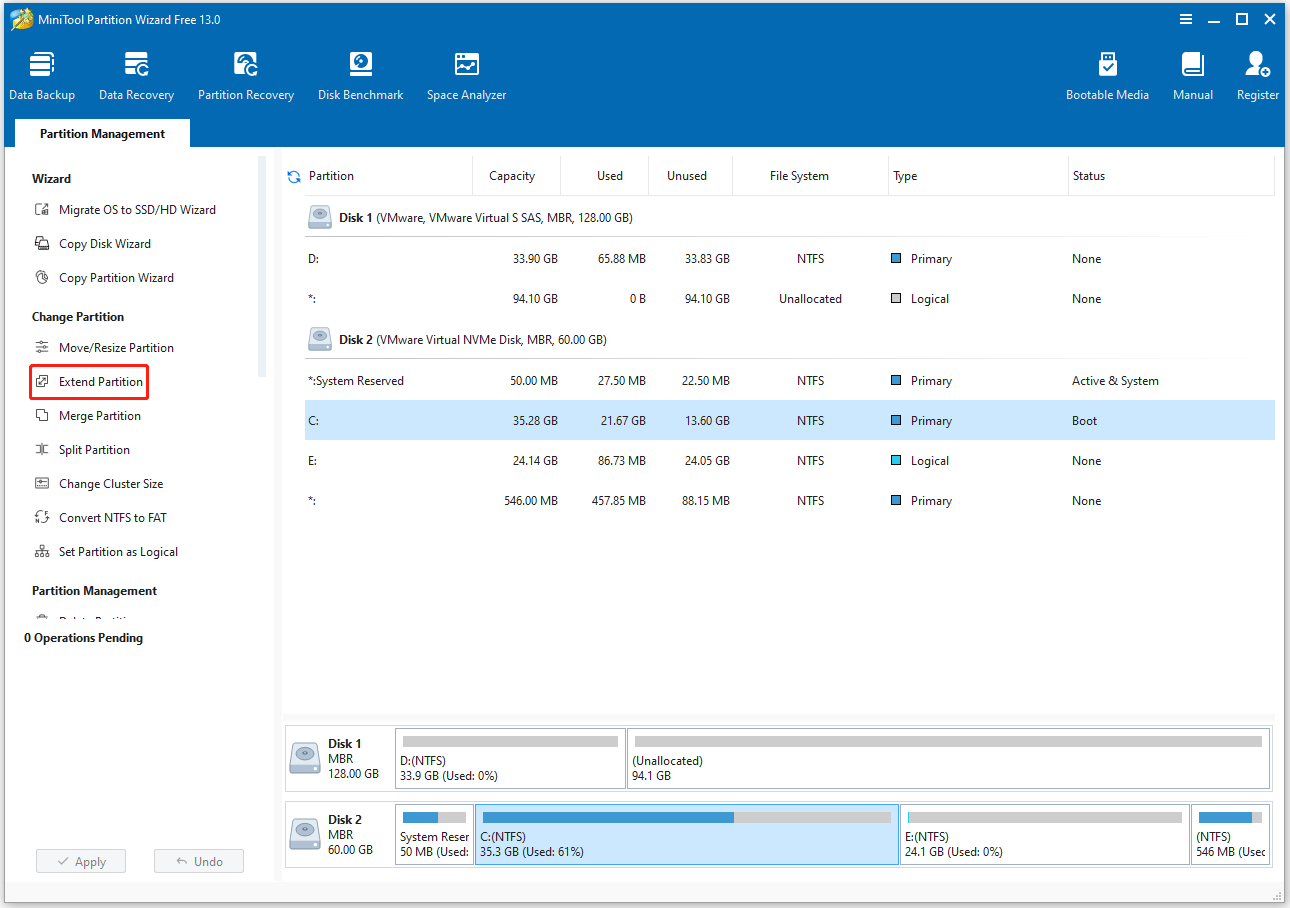Sélectionnez la fonctionnalité « Étendre la partition » dans MiniTool Partition Wizard.