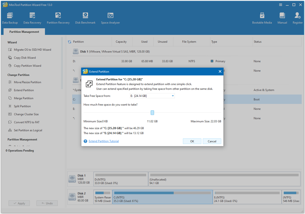 Sélectionnez l'emplacement où récupérer de l'espace dans MiniTool Partition Wizard.