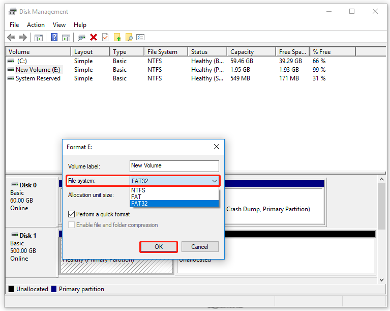 formatee el disco duro del DVR a FAT32 usando Administración de discos