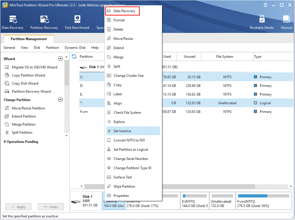 haga clic en recuperación de datos en MiniTool Partition Wizard