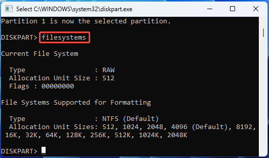 screenshot showing DiskPart Filesystems command