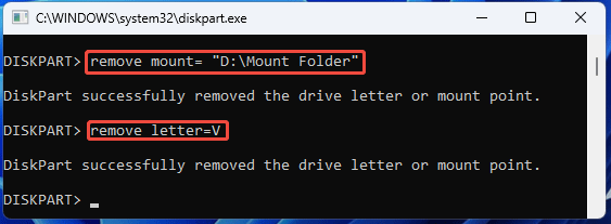 screenshot showing DiskPart Remove command