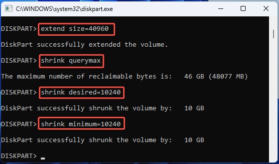 screenshot showing DiskPart Extend or Shrink a partition