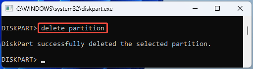 screenshot showing DiskPart Delete Partition command