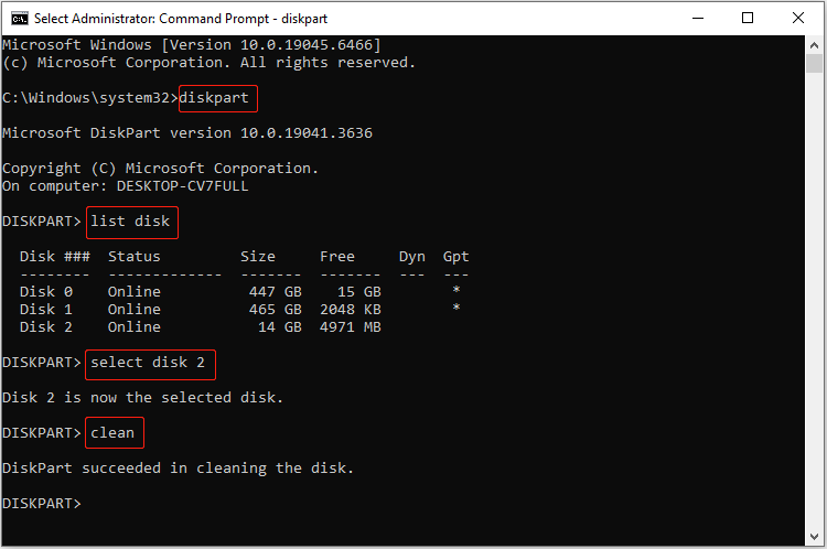 Command Prompt window shows the DiskPart commands to clean disk 2.