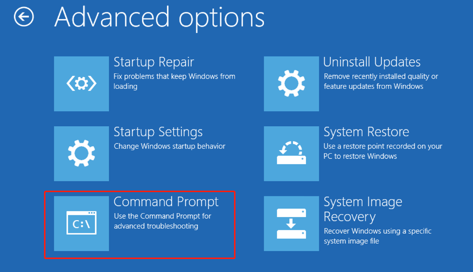 Advanced options window with the Command Prompt option highlighted.