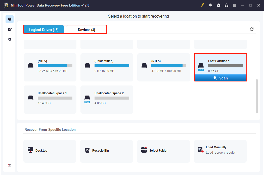 MiniTool Power Data Recovery interface with the Logical Drives, Devices, and Scan buttons highlighted.