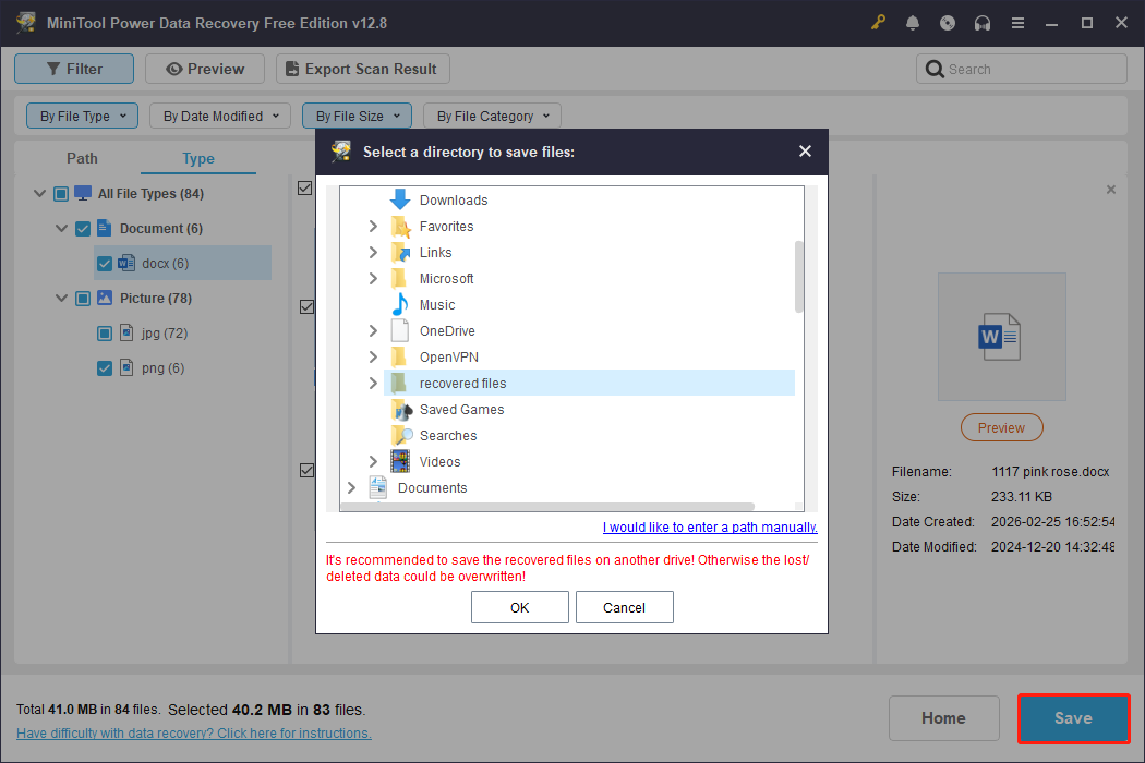 MiniTool Power Data Recovery interface with the Save button selected, showing a small window for save path selection.