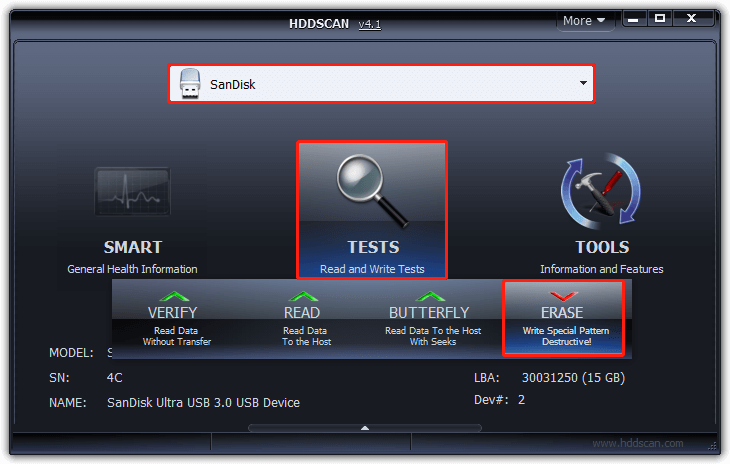 HDDSCAN interface with a disk selected in the top area, and the TESTS and ERASE options highlighted.