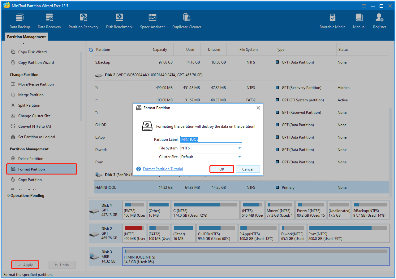 MiniTool Partition Wizard interface with the Format Partition option selected, showing a disk formatting dialog.