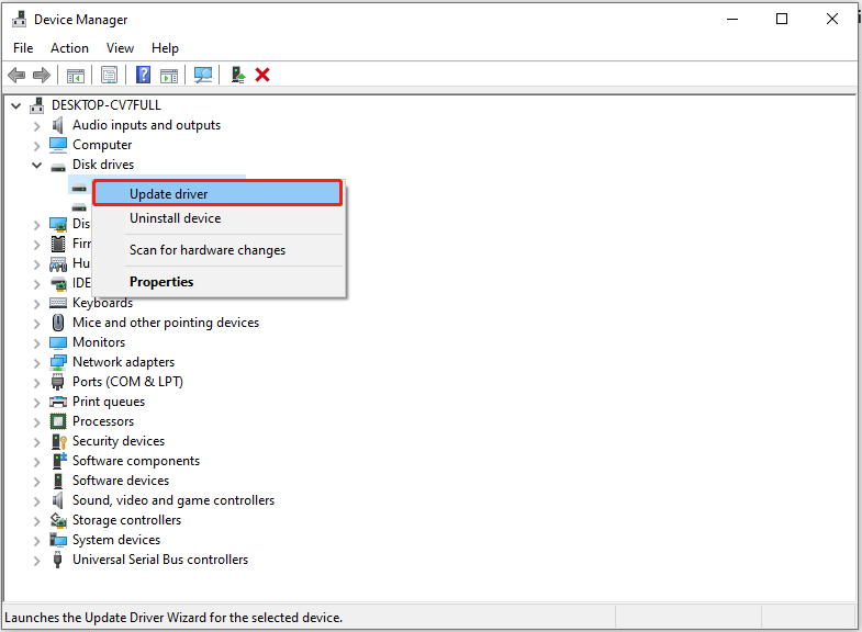 Device Manager interface with the Update driver option selected in the context menu.