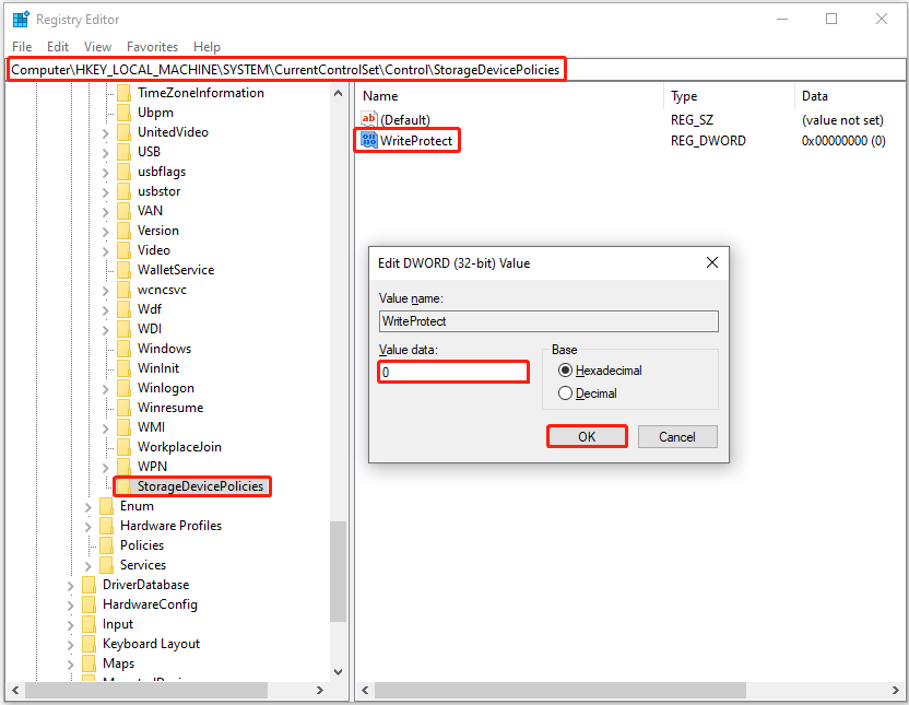 Registry Editor interface showing the Edit DWORD Value dialog for WriteProtect, with the value data set to 0.