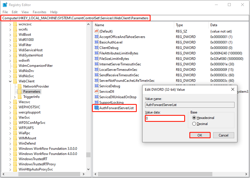 Registry Editor opened to the Parameters folder, showing the dialog to change the value data of AuthForwardServerList to 0.