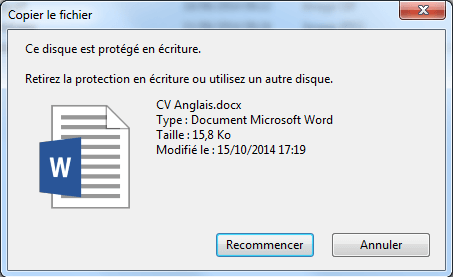 copier le fichier le disque est protégé en écriture