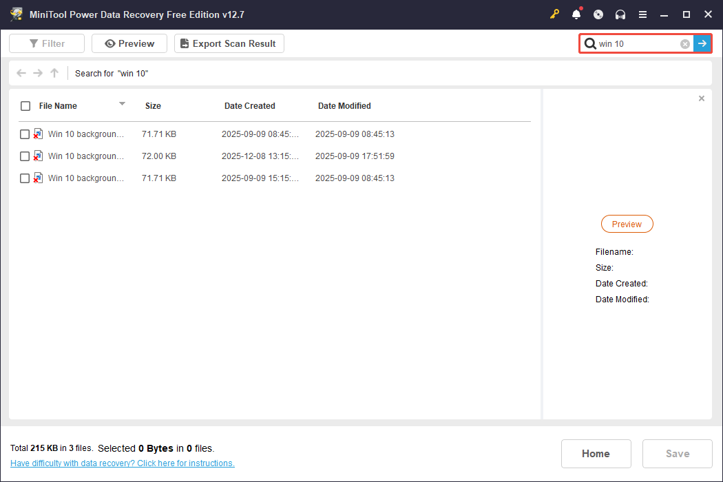 MiniTool Power Recovery interface displaying the search result for the keyword win 10, with the search bar highlighted.