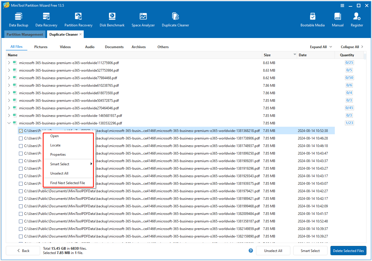 The file’s content/location/properties option appears by right-clicking the file in the MiniTool Partition Wizard interface.
