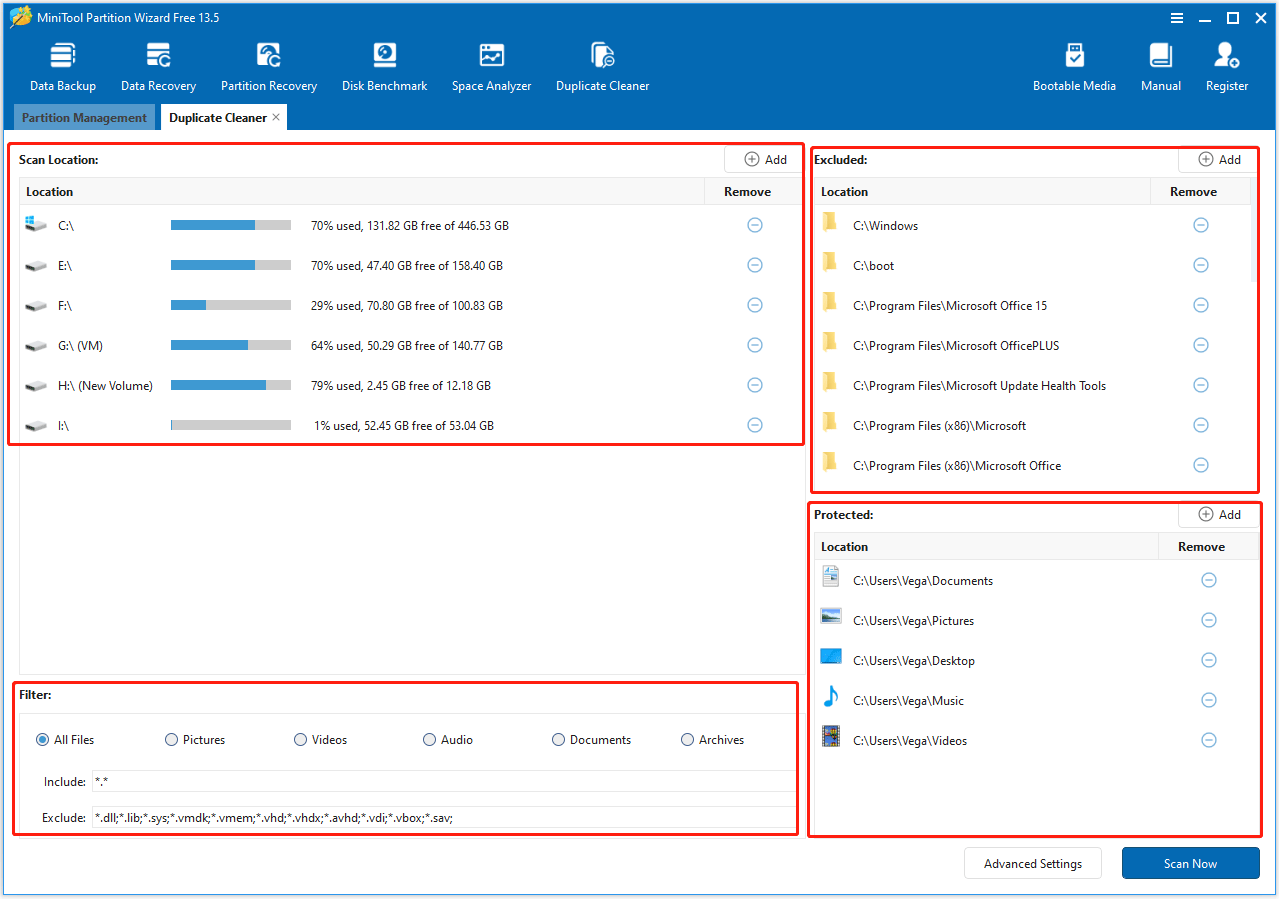 The main scan setting interface of MiniTool Partition Wizard.