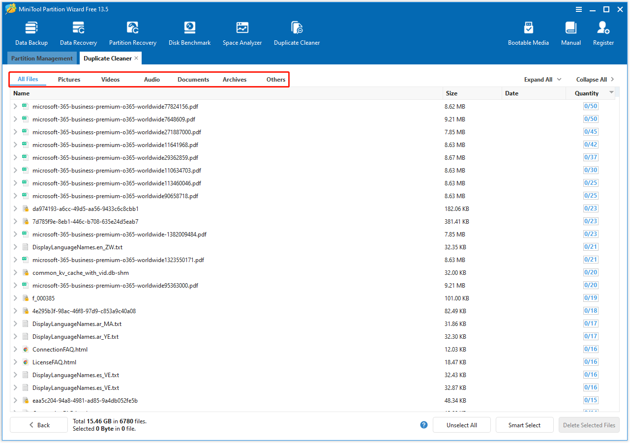 MiniTool Partition Wizard interface with filter duplicates results by file type in the upper of result.