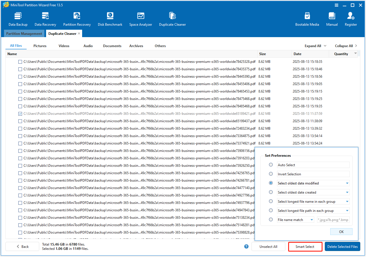 The Smart Select option in the bottom right corner of the MiniTool Partition Wizard interface.