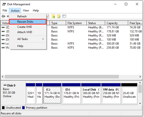 click Rescan Disks
