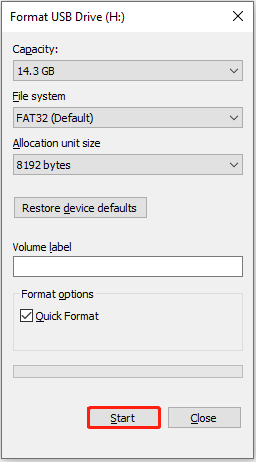 start the disk formatting process in File Explorer