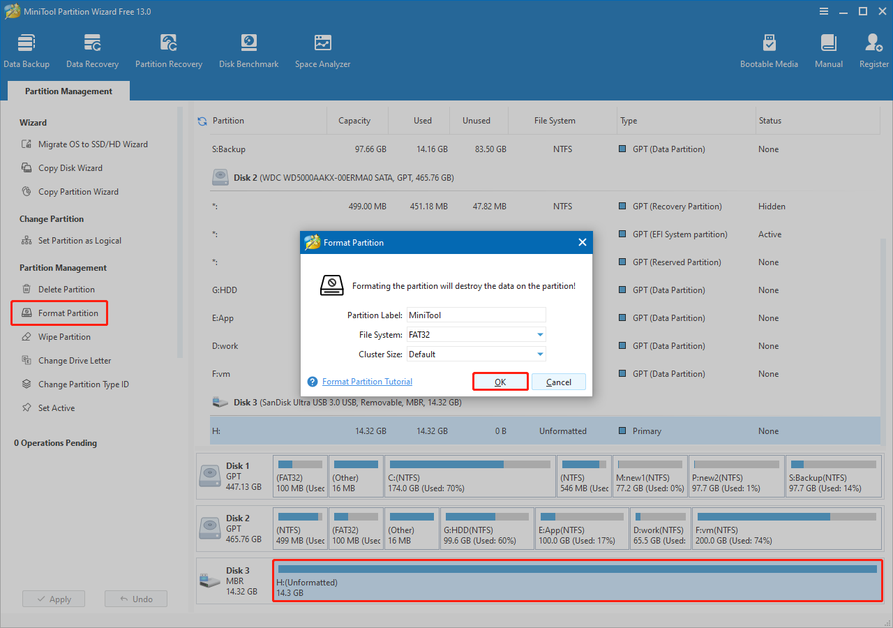 format the selected partition in MiniTool Partition Wizard