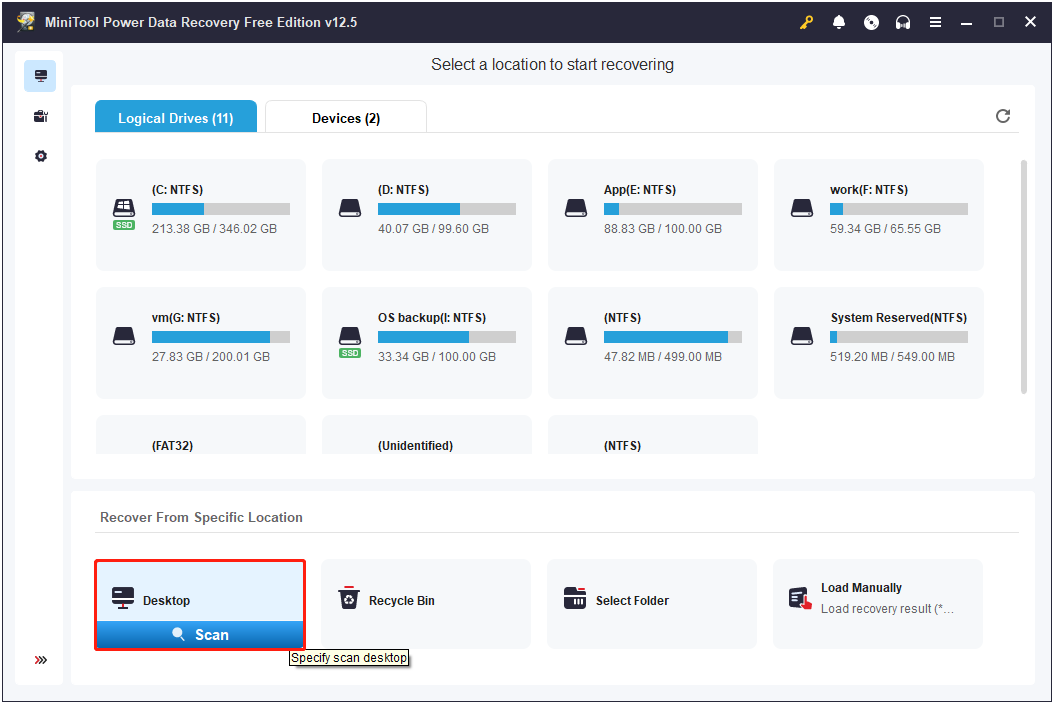select the desktop to scan for files in MiniTool Power Data Recovery