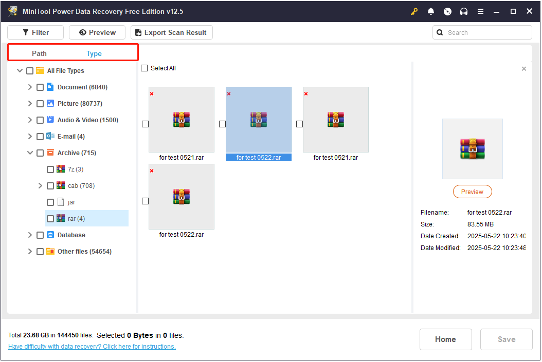 the Path and Type views in MiniTool Power Data Recovery