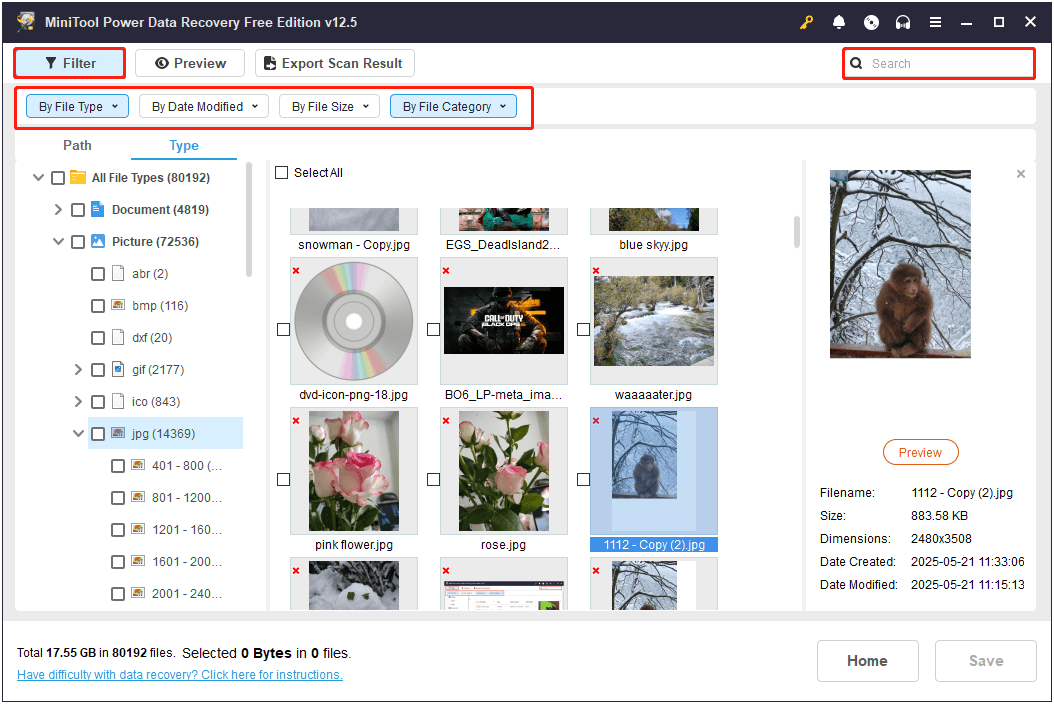 filter or search for files in MiniTool Power Data Recovery