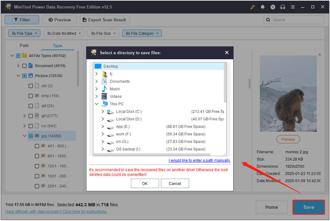 save the wanted files to a safe location in MiniTool Power Data Recovery