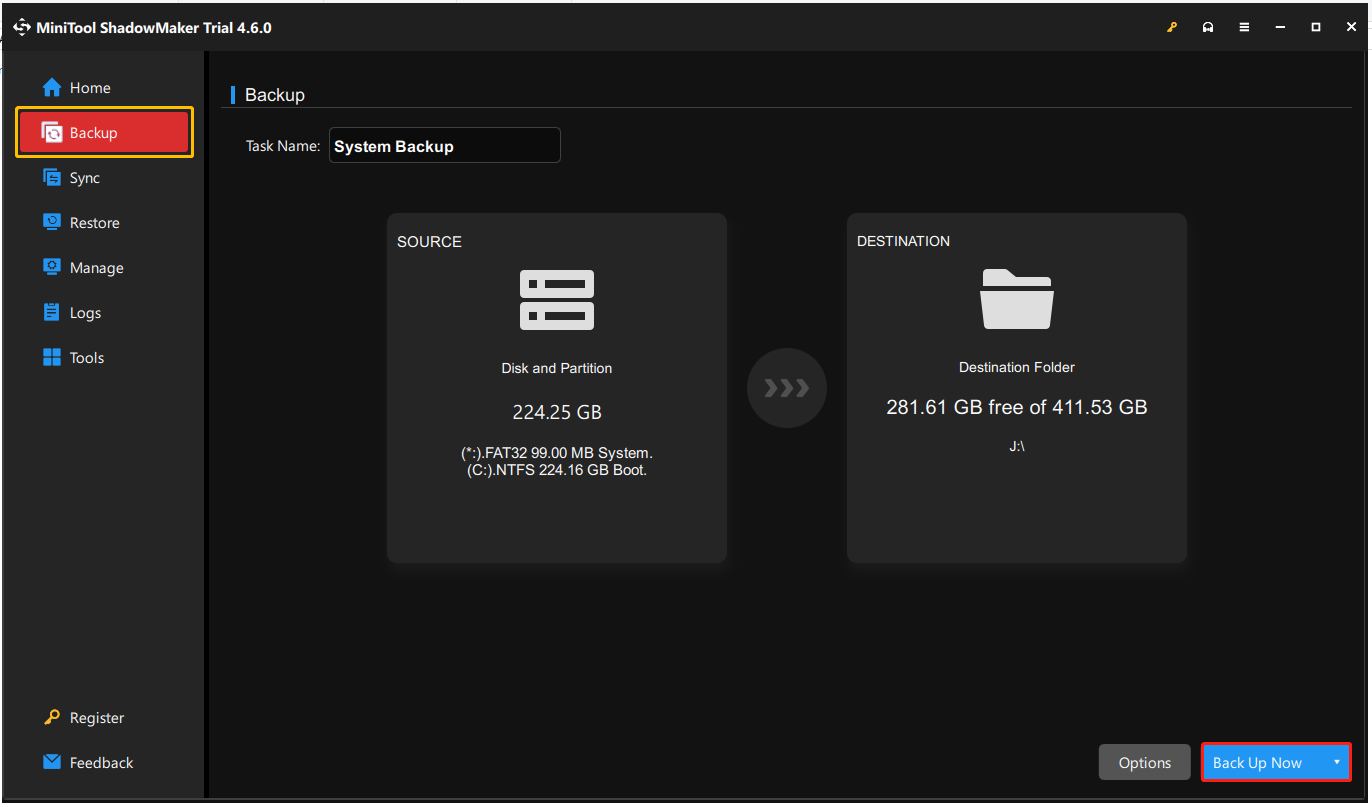 back up system using MiniTool ShadowMaker