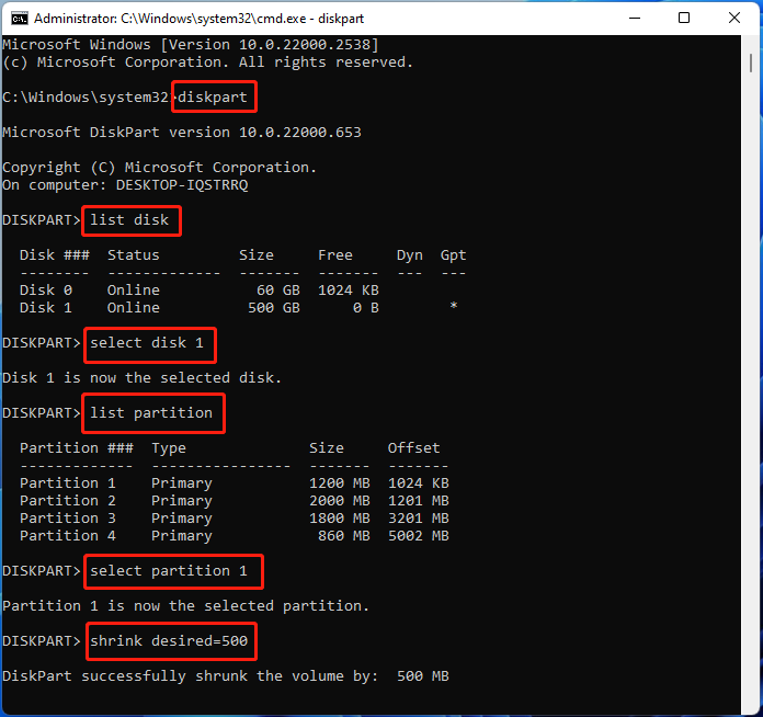 shrink a partition using DiskPart