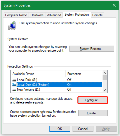 Cliquez sur « Configurer » sous « Paramètres de protection »