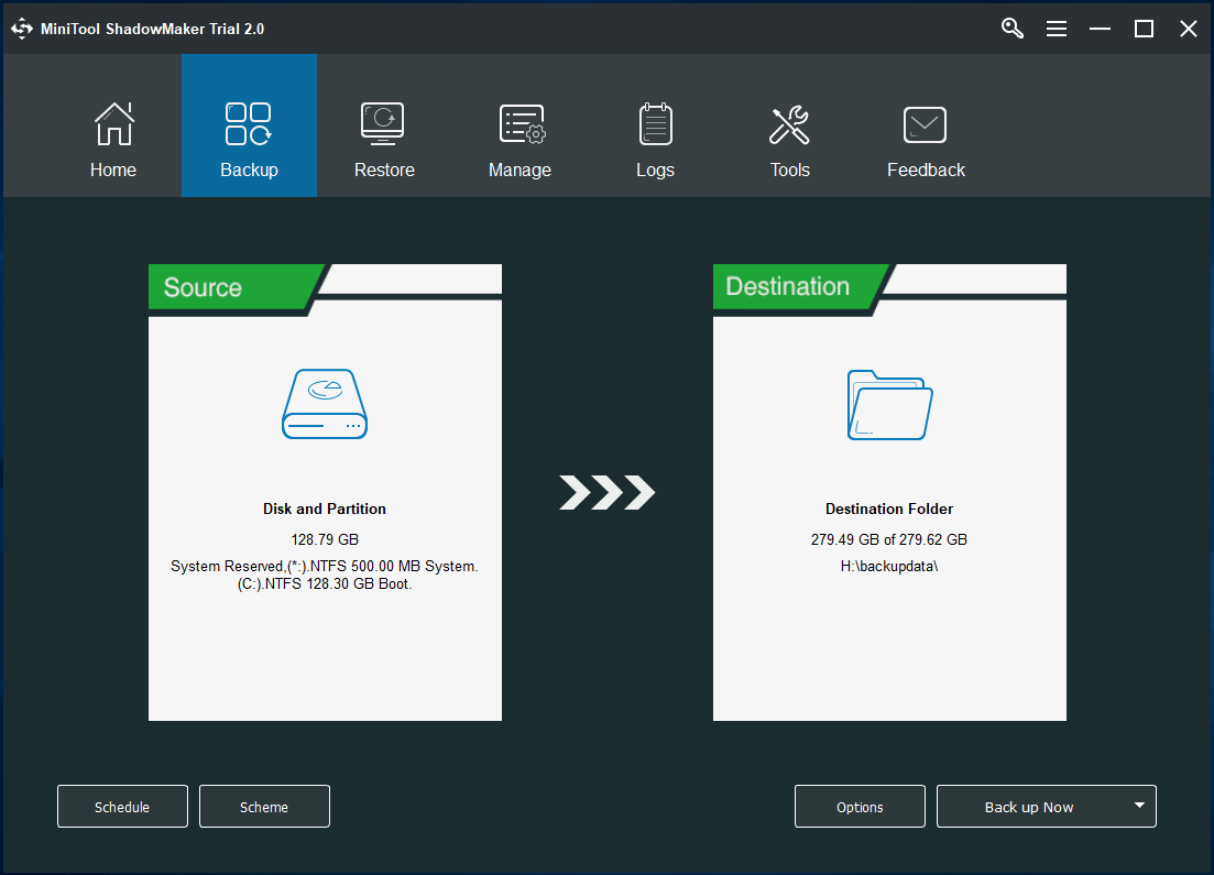 MiniTool ShadowMaker system backup by default