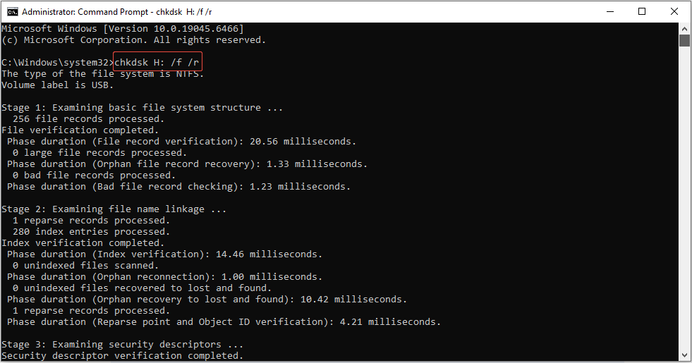The Command Prompt window displays the CHKDSK command executing on the H drive.