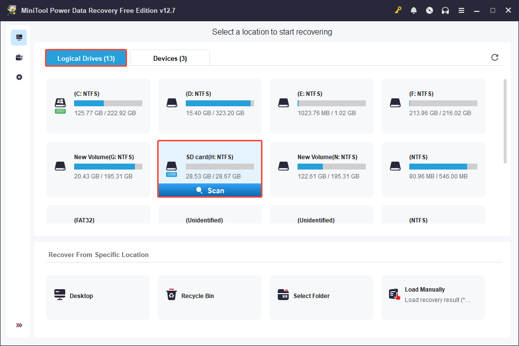 The main interface of MiniTool Power Data Recovery with the Logical Drives and the Scan button selected.