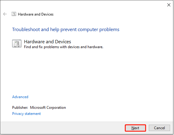 run the Hardware and Devices troubleshooter