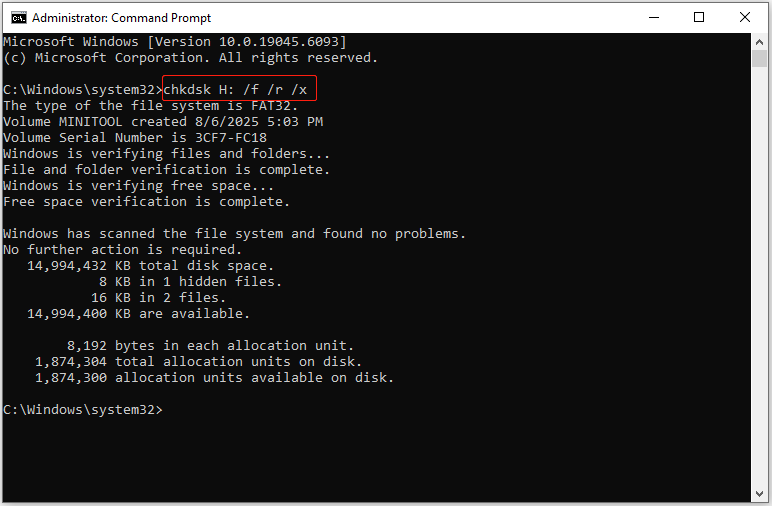 use the CHKDSK command to detect and repair file system errors on the H drive