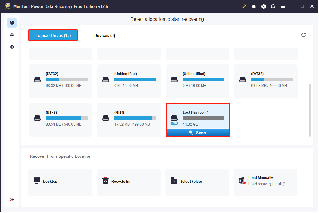 select the lost partition to scan in MiniTool Power Data Recovery