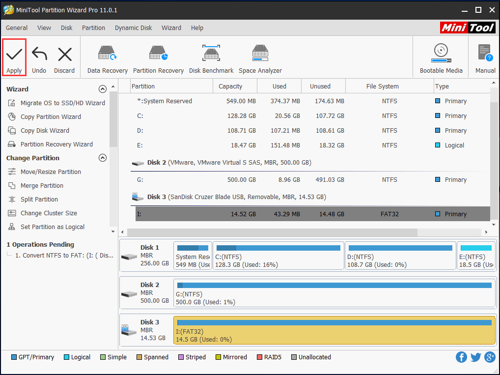  convertir NTFS en FAT avec l'assistant de partition MiniTool