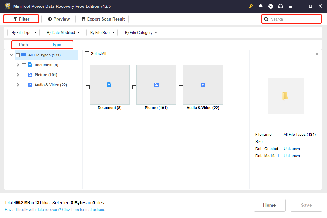 use various features to find files in MiniTool Power Data Recovery