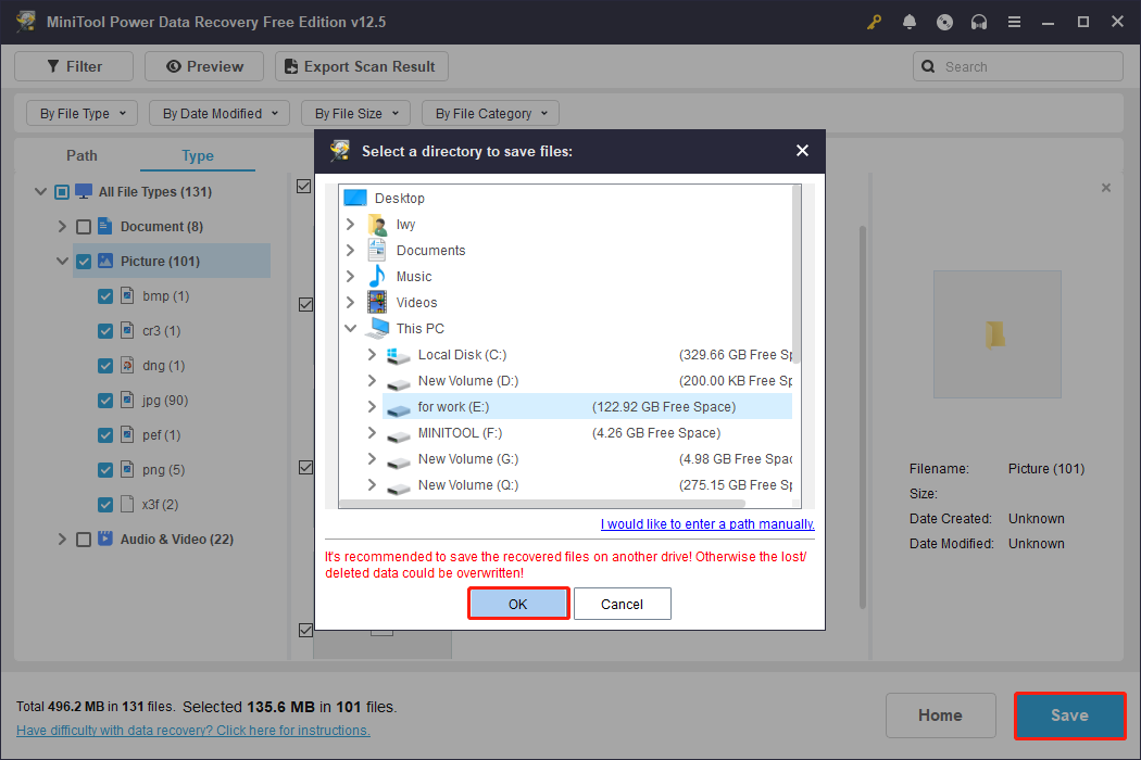 recover the target files using MiniTool Power Data Recovery