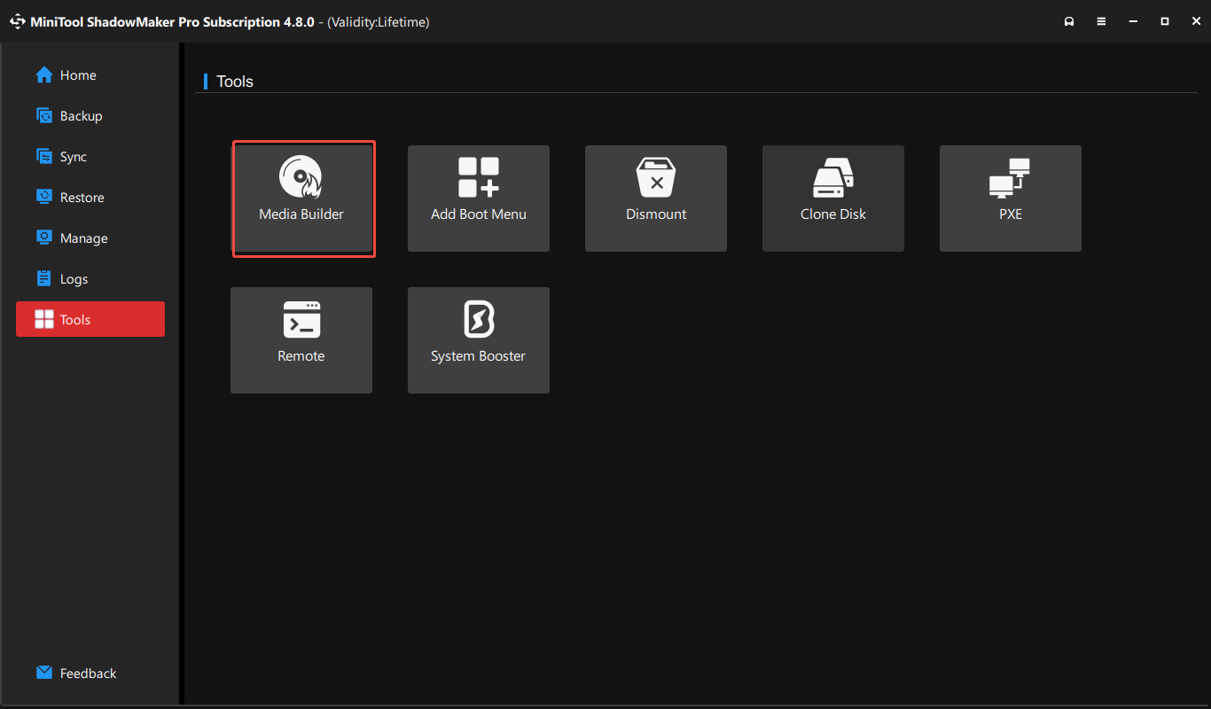 The MiniTool ShadowMaker interface with Media Builder selected under the Tools tab.