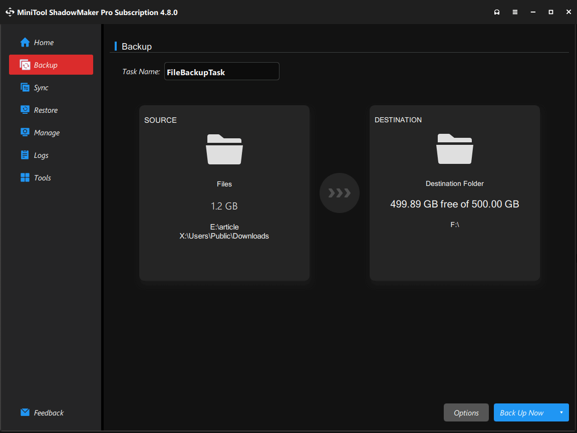 The MiniTool ShadowMaker window with selected backup source and target for data backup.