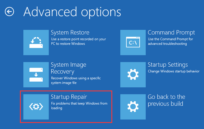 The Advanced options window in WinRE with Startup Repair selected.