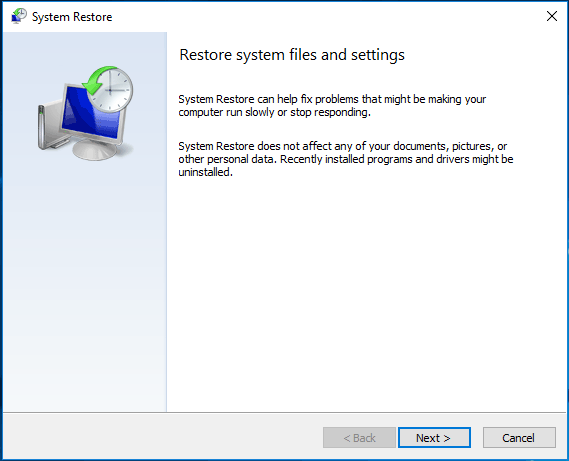 The System Restore window opened in WinRE.