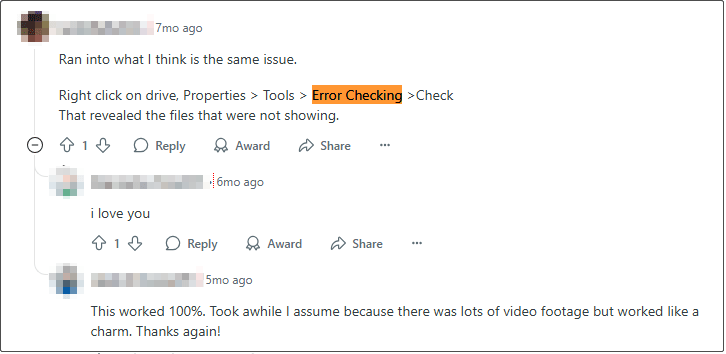 Reddit comment suggesting running Windows error-checking tool