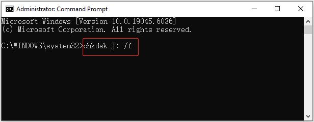 execute the CHKDSK command line to repair the J drive in Command Prompt