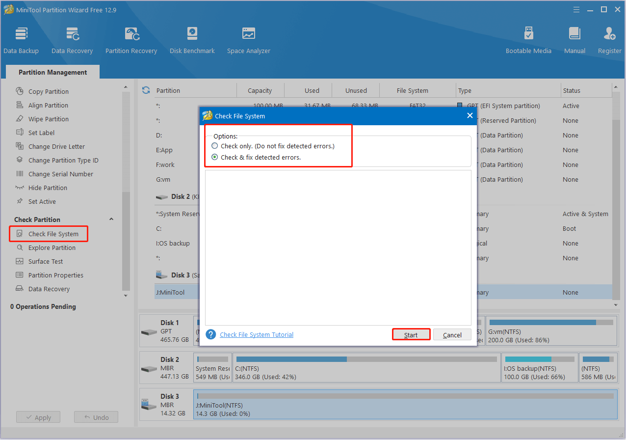 check and fix file system errors in MiniTool Partition Wizard