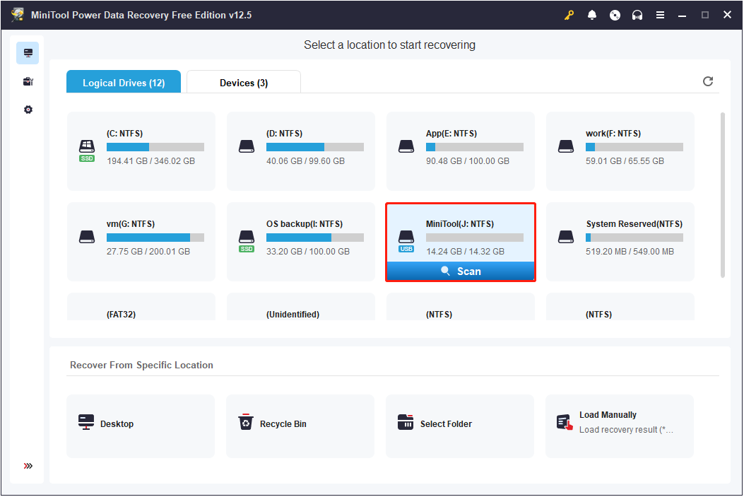 select the SD card to scan on the main interface of MiniTool Power Data Recovery